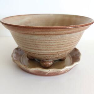 Handmade Ceramic Berry Bowl Drains with Saucer Signed by Artist Cottagecore